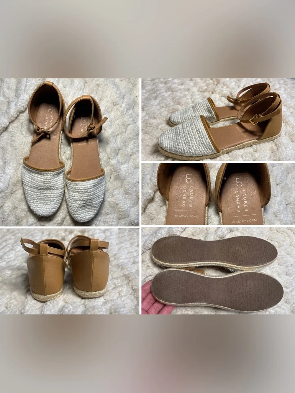 LC Lauren Conrad Size 8 White Woven Espadrille Flats Tan Ankle Strap Memory Foam